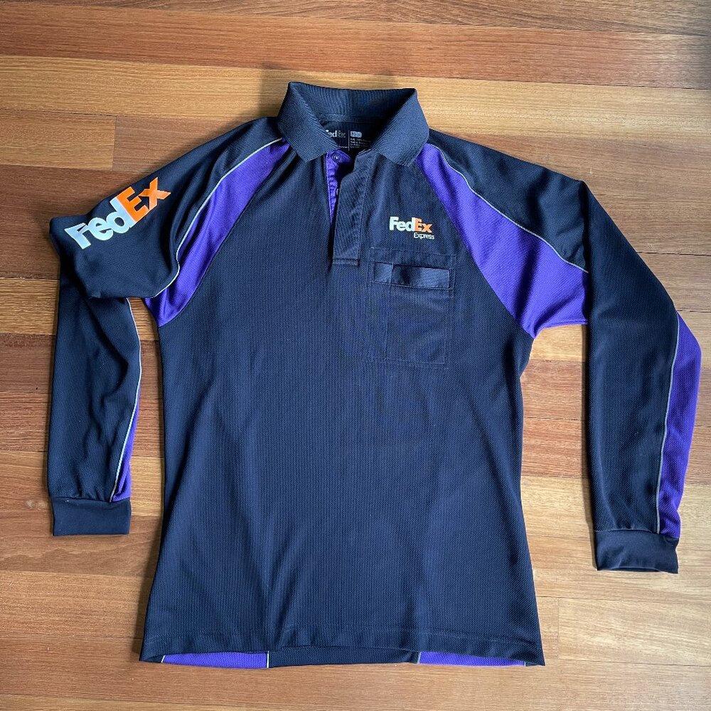 FedEx Express Polo Mens Small Long Sleeve Shirt Black Purple Stan Herman